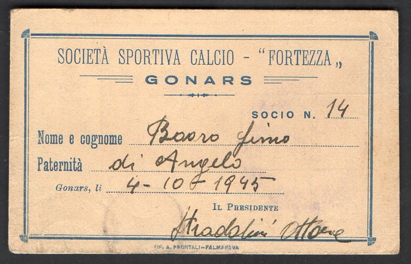 S.S. Calcio Fortezza di Gonars 1945  Tessera